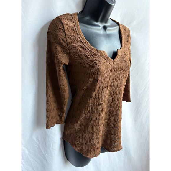 Culture Code Brown Textured Crinkled 3/4 Sleeve Top Shirt Basics Essential S - Picture 3 of 9